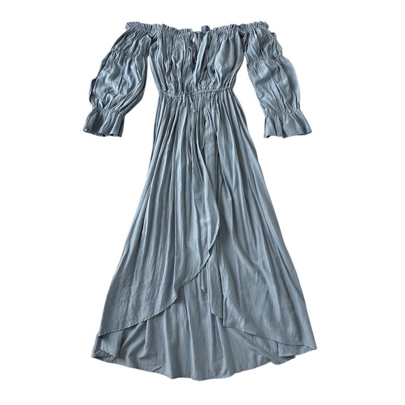 Anna-Kaci Dress Womens Small Blue Off Shoulder Crinkle Hi Low‎ Maxi Peasant Boho - Picture 3 of 7